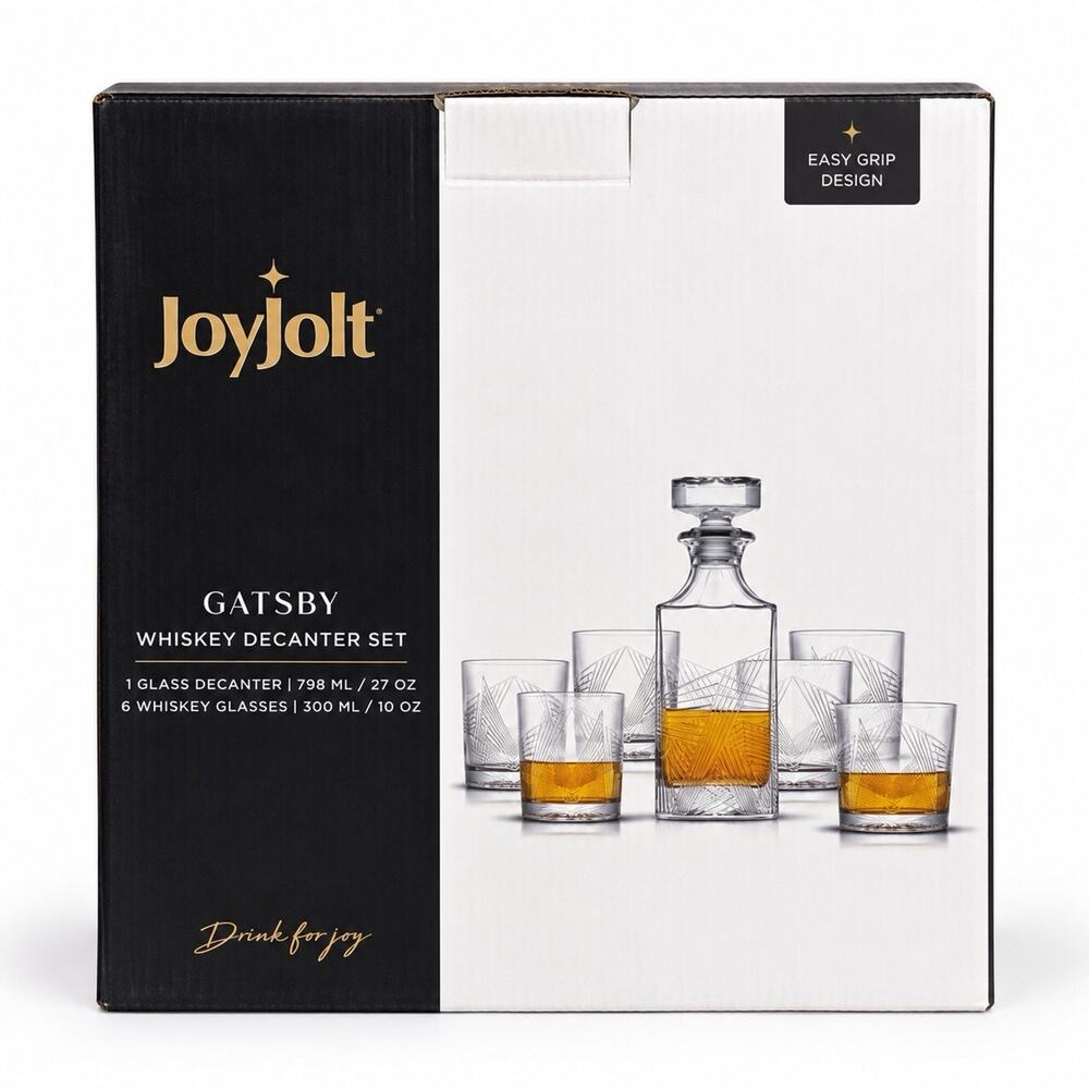 JoyJolt Gatsby Whiskey Decanter Set 7 Piece Glass Decanter + 6 Glasses 27 Oz